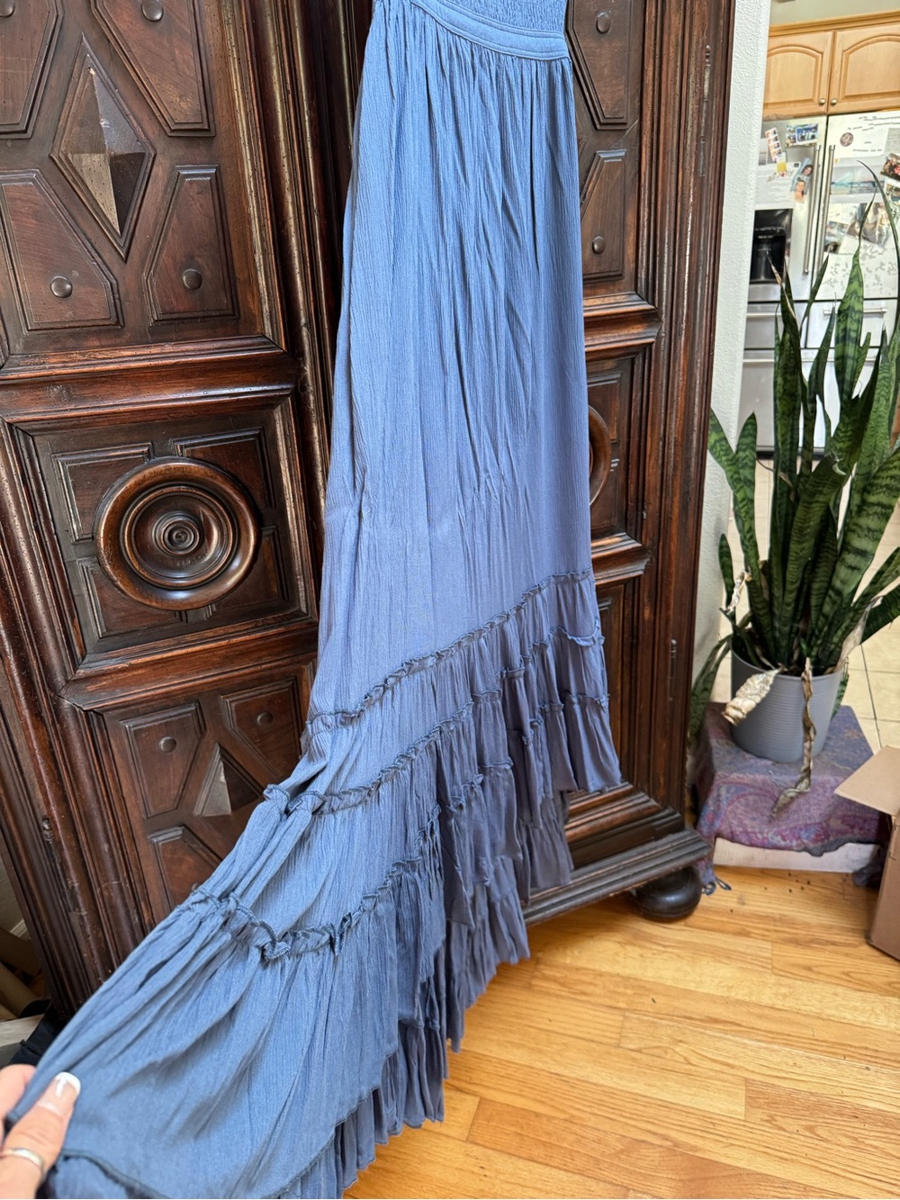 Smocked Bodice Teal Maxi Dress with Side Cutouts - Picture 3 of 6